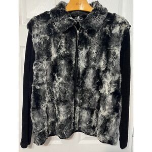 Lisa International 2X Faux Fur Collar‎ Zip Up Cardigan Sweater - Black Gray